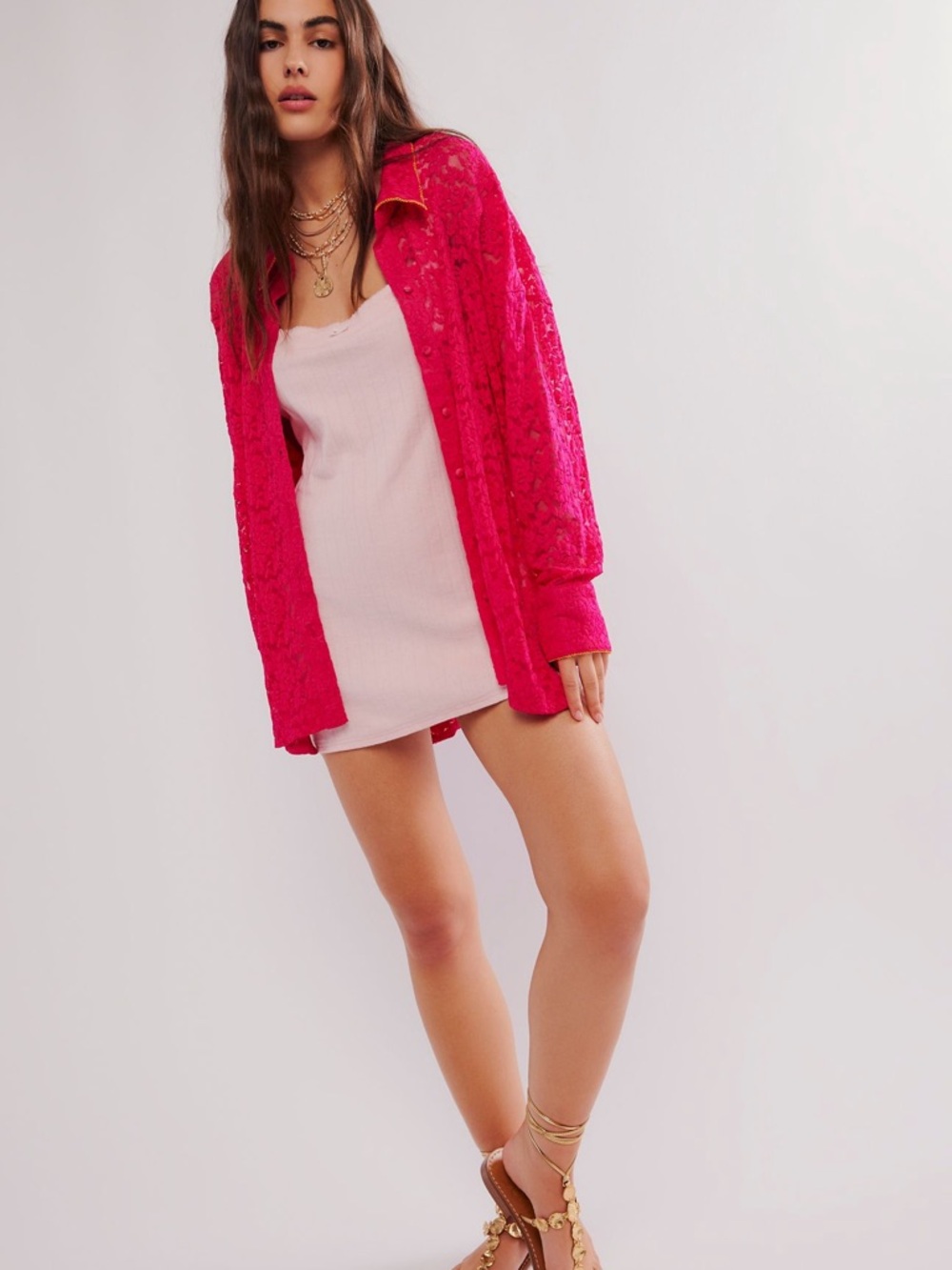 Free People Intimately All Day Lace House Shirt-Piping Hot Pink Combo